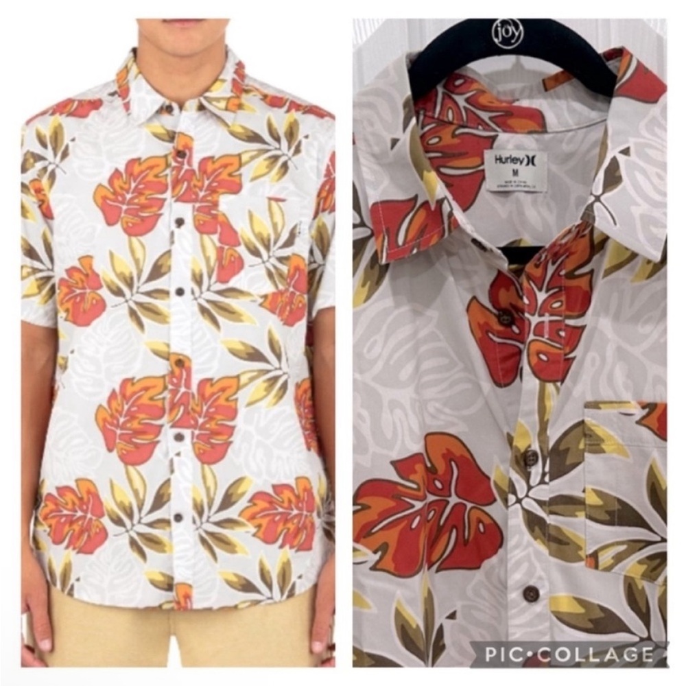 Hurley Short Sleeve Organic Cotton Button Down Gray, Orange & Green Palm Print